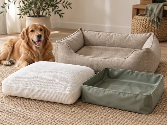 Sfeerbeeld van een hond bij een comfortabele rustplek; geen definitieve productfoto
