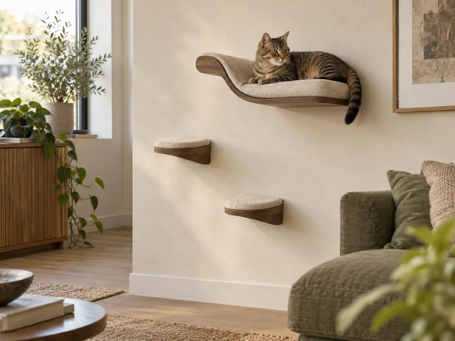 Kat op een gebogen wandplank met twee opstapjes in een rustig interieur