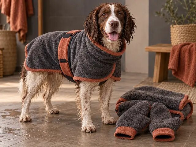 Sfeerbeeld van een hond na een natte wandeling; geen definitieve productfoto