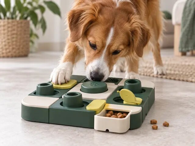 Sfeerbeeld van een hond bij een denkspel; geen definitieve productfoto